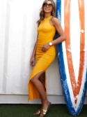 Fitted basic dress with a cutout on the back, mustard FG669 - Online store - Boutique